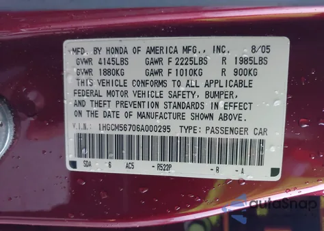 2006 Honda Accord 2.4 Ex z USA, uszkodzony, nr VIN 1HGCM56706A000295